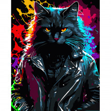 Картина по номерам Strateg ПРЕМИУМ Брутальный кот в курточке на черном фоне размером 40х50 см (AH1015)