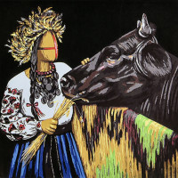 Картина за номерами Strateg ПРЕМІУМ Годувальниця на чорному фоні з лаком розміром 40х40 см (AV4040-93)