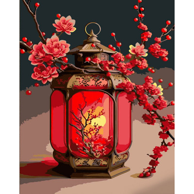 Картина по номерам Strateg ПРЕМИУМ Красный фонарик с лаком и с уровнем размером 40х50 см (DY407)