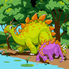 Картина за номерами Strateg ПРЕМІУМ Динозаври біля берега з лаком та з рівнем розміром 30х30 см (ES-0833)