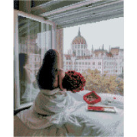 Алмазна картина Strateg ПРЕМІУМ Приємності біля вікна розміром 40х50 см FA40879