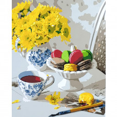 Картина по номерам Strateg ПРЕМИУМ Утренние макарунки с цветами размером 40х50 см (GS063)