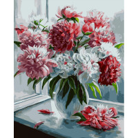 Картина за номерами Strateg ПРЕМІУМ Букет піонів біля вікна розміром 40х50 см (GS071)