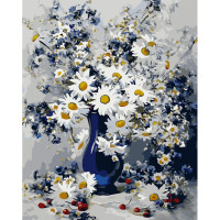 Картина за номерами Strateg ПРЕМІУМ Ромашки в синій вазі з лаком розміром 40х50 см (GS1151)