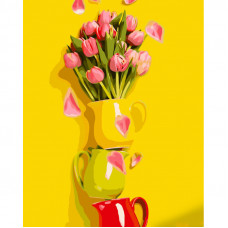 Картина по номерам Strateg ПРЕМИУМ Чашка с тюльпанами с лаком и с уровнем размером 40х50 см (GS1352)
