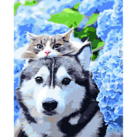 Картина по номерам Strateg ПРЕМИУМ Хаски с котом с лаком и с уровнем размером 40х50 см (GS1477)
