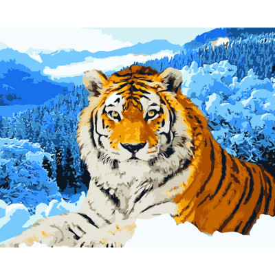 Картина по номерам Strateg ПРЕМИУМ  Тигр в заснеженных горах с лаком и с уровнем размером  40х50 см (GS1583)