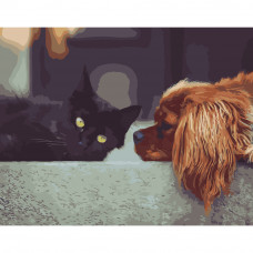 Картина за номерами Strateg ПРЕМІУМ Спаніель з чорним котом розміром 40х50 см (GS250)