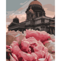 Картина по номерам Strateg ПРЕМИУМ Пионы на фоне собора размером 40х50 см (GS436)