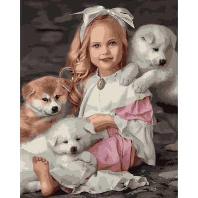 Картина за номерами Strateg ПРЕМІУМ Дівчинка з собачками розміром 40х50 см (GS963)