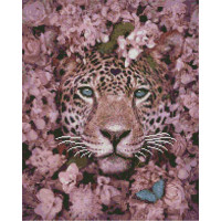 Алмазна картина Strateg ПРЕМІУМ Леопард серед квітів розміром 40х50 см (L-240)