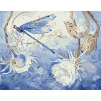 Картини за номерами Strateg ПРЕМІУМ Стрикоза на квітах з лаком розміром 40х50 см VA-3620