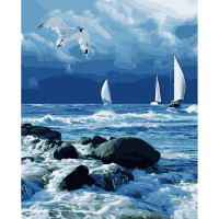 Картини за номерами Strateg ПРЕМІУМ Вітрильники на морі з лаком розміром 40х50 см VA-3625
