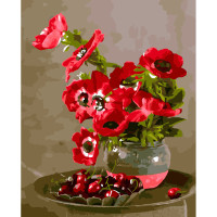 Картини за номерами Strateg ПРЕМІУМ Маки та черешні з лаком розміром 40х50 см VA-3636