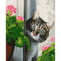 Картини за номерами Strateg ПРЕМІУМ Котик та рожева герань з лаком розміром 40х50 см VA-3656