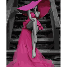 Картини за номерами Strateg ПРЕМІУМ Рожеве плаття та капелюх з лаком розміром 40х50 см VA-3671