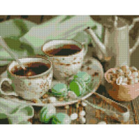 Алмазна мозаїка Strateg ПРЕМІУМ Кава на двох з макарунами розміром 30х40 см HX429