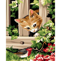 Картина по номерам "Заинтересованная кошечка и птичка" 30х40 см SS-6427