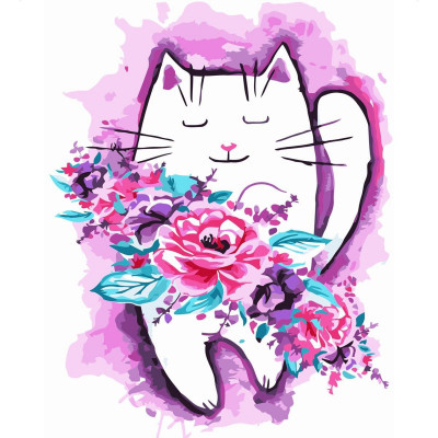 Картина за номерами Акварельник котик із квітами 30х40 см SV-0044