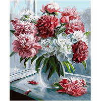 Картина за номерами Strateg ПРЕМІУМ Букет піонів біля вікна з лаком розміром 40х50 см SY6602