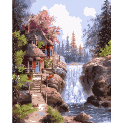 Картина за номерами Будиночок біля водоспаду 40х50 см VA-0423
