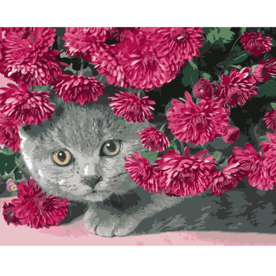 Картина по номерам Серый кот в цветах 40х50 см VA-0586