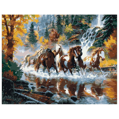 Картина по номерам Лошади мчатся по воде в осеннем лесу 40х50 см VA-1605