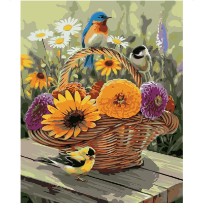 Картина за номерами Кольорові пташки на кошику квітів 40х50 см VA-1740