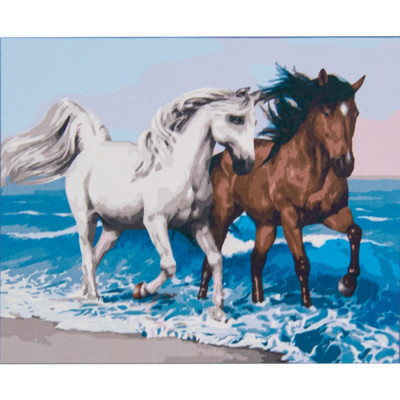 Картина по номерам Strateg Две лошади на берегу моря на цветном фоне размером 40х50 см (VA-2531)
