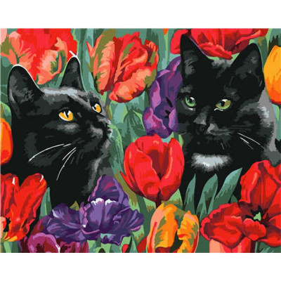 Картина за номерами Коти у тюльпанах 40х50 см VA-2593