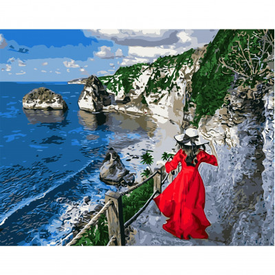Картина по номерам Девушка в красном у океана 40х50 см VA-2948