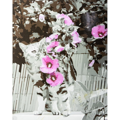 Картина за номерами "Котик з мальвами", з лаком розміром 40х50 см VA-3337
