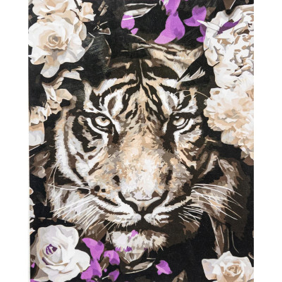 Картина за номерами "Тигр у квітах" з лаком розміром 40х50 см