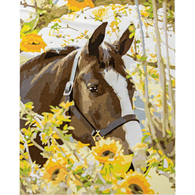 Картина за номерами "Кінь у квітах", з лаком розміром 40х50 см