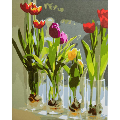 Картина за номерами "Тюльпани в склянках" з лаком розміром 40х50 см