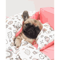 Картина за номерами Strateg ПРЕМІУМ Мопсик в ліжку з лаком розміром 40х50 см VA-3701