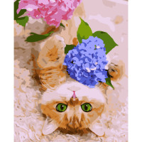 Картина за номерами Strateg ПРЕМІУМ Муркотун з квітами з лаком розміром 40х50 см VA-3762