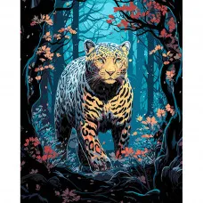Картина за номерами Strateg ПРЕМІУМ Леопард на полюванні на чорному фоні розміром 40х50 см (AH1062)