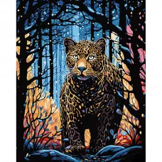 Картина за номерами Strateg ПРЕМІУМ Леопард на полюванні на чорному фоні розміром 40х50 см (AH1063)