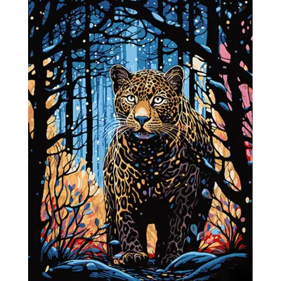 Картина за номерами Strateg ПРЕМІУМ Леопард на полюванні на чорному фоні розміром 40х50 см (AH1063)
