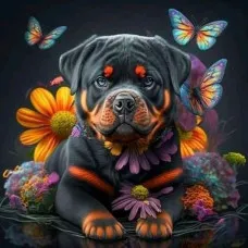 Картина за номерами Strateg ПРЕМІУМ Яскравий ротвейлер на чорному фоні розміром 40х40 см (AV4040-14)