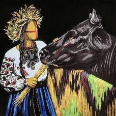 Картина по номерам Strateg ПРЕМИУМ Кормилица на черном фоне с лаком размером 40х40 см (AV4040-93)