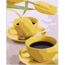 Картина за номерами Strateg ПРЕМІУМ Кава з тюльпанами з лаком та з рівнем розміром 40х50 см (DY439)