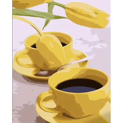 Картина по номерам Strateg ПРЕМИУМ Кофе с тюльпанами с лаком и с уровнем размером 40х50 см (DY439)