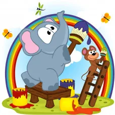 Картина за номерами Strateg ПРЕМІУМ Слон та мавпа малюють веселку з лаком та з рівнем розміром 30х30 см (ES178)