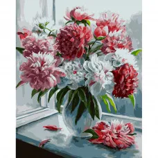 Картина за номерами Strateg ПРЕМІУМ Букет піонів біля вікна розміром 40х50 см (GS071)