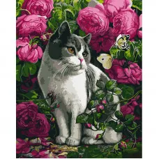 Картина за номерами Strateg ПРЕМІУМ Троянди та кіт розміром 40х50 см (GS1038)