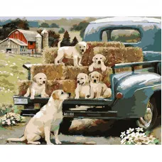 Картина по номерам Strateg ПРЕМИУМ Собачья семья на ферме с лаком размером 40х50 см (GS1042)