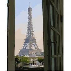 Картина за номерами Strateg ПРЕМІУМ Ейфелева вежа за вікном з лаком розміром 40х50 см (GS1269)