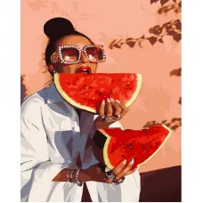 Картина за номерами Strateg ПРЕМІУМ Насолода кавуном з лаком розміром 40х50 см (GS1273)